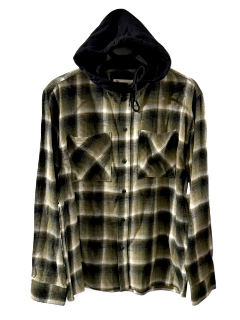 NWT Men's Olive/Black Plaid Hooded Flannel Shirt Size Large